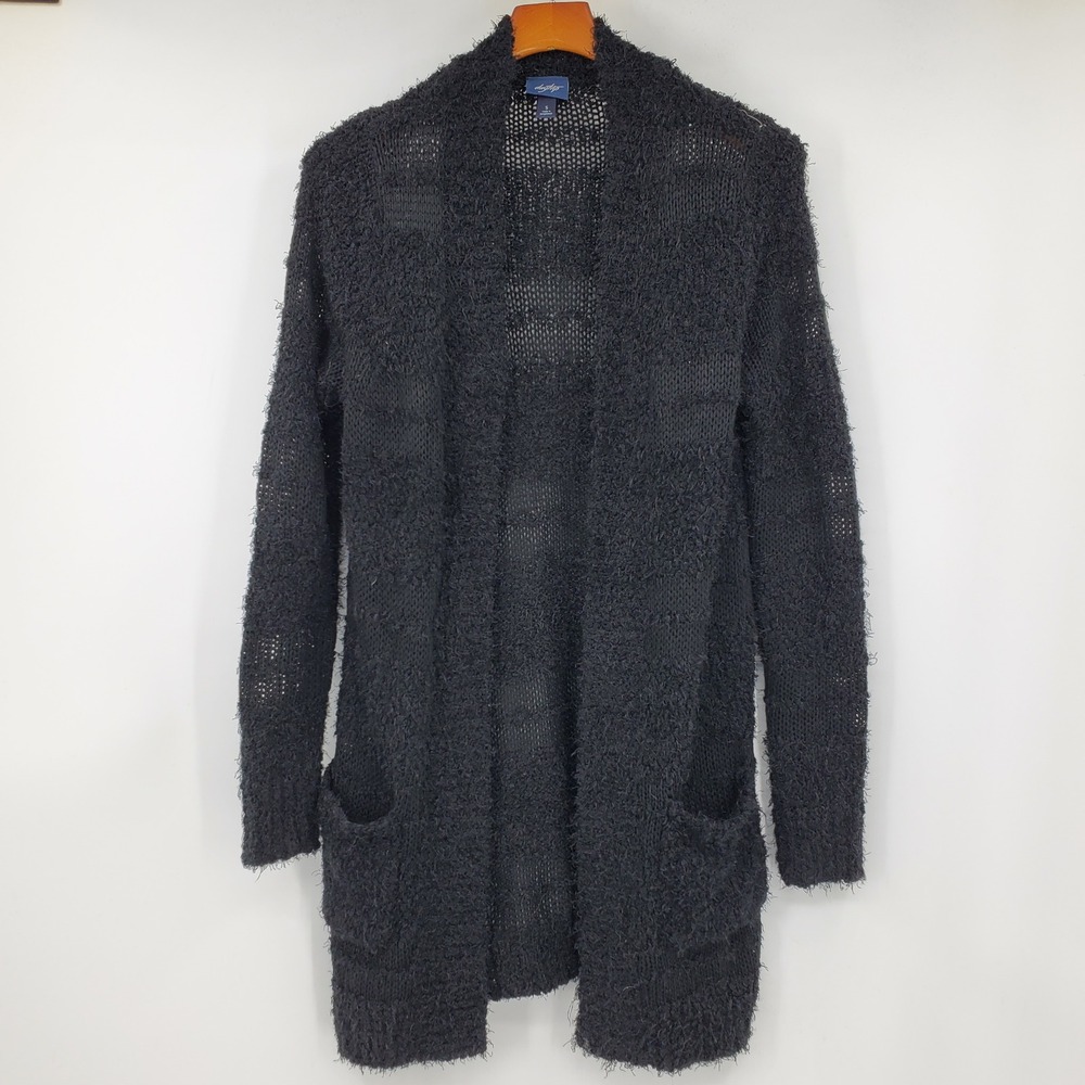 Daytrip Black Eyelash Knit Open Front Cardigan Pockets Small Boho Career Office